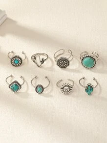 8 Pcs Western Turquoise Jewelry Cactus Sunburst Detail Rings Set for Women - Antique Silver - View 2