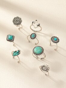 8 Pcs Western Turquoise Jewelry Cactus Sunburst Detail Rings Set for Women - Antique Silver - View 4