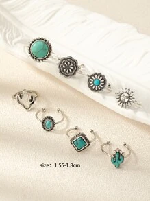 8 Pcs Western Turquoise Jewelry Cactus Sunburst Detail Rings Set for Women - Antique Silver - View 5