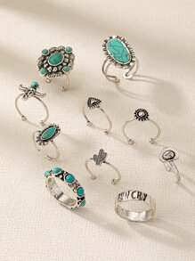 10入组西方風格綠松石色石頭裝飾褶皺環套裝適合女士生日禮物 - 復古銀色 - 查看 2