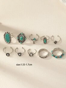 10入组西方風格綠松石色石頭裝飾褶皺環套裝適合女士生日禮物 - 復古銀色 - 查看 5