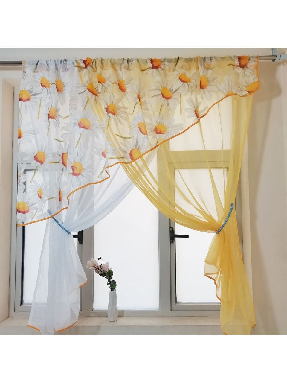 1pc Special Design Orange-yellow Short Kitchen Curtain, Korean Rural Style Half Window Curtain, Suitable For Door, Window, Living Room Partition