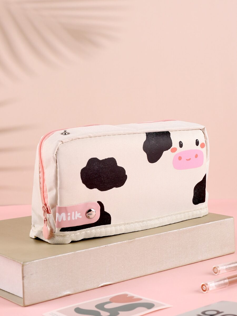 1入組卡通動物筆袋卡哇伊奶牛兒童學生文具包學校/辦公室用品 - 米色 - 查看 1