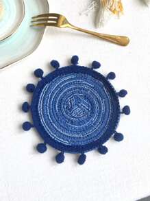 1入組編織餐墊西部風格餐飲地墊咖啡墊杯墊圓形隔熱墊桌子裝飾用品地墊 - 藍色 - 查看 4