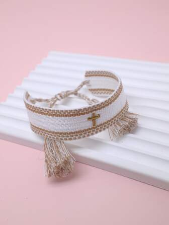 1 Stück Schnüren-Armband böhmisch Kreuz, Stickerei, Quaste Dekor, Für Frauen Für Tägliche Dekoration