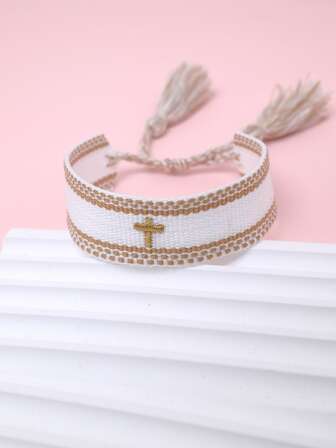 1pc Bohemian Cross Embroidered Tassel Decor String Bracelet For Women For Daily Decoration