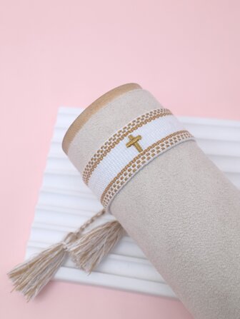 1pc Bohemian Cross Embroidered Tassel Decor String Bracelet For Women For Daily Decoration
