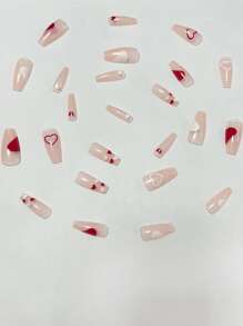 24入組中長期簡約風粉色的愛心圖案指甲和1入組指甲銼&1入組果凍凝膠 - 彩色 - 查看 4