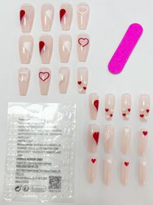 24入組中長期簡約風粉色的愛心圖案指甲和1入組指甲銼&1入組果凍凝膠 - 彩色 - 查看 5