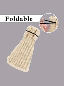 1入組女士可折疊太陽帽寬邊緣草編沙灘帽帶馬尾洞 - 米色 - 查看 6