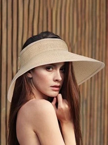 1入組女士可折疊太陽帽寬邊緣草編沙灘帽帶馬尾洞 - 米色 - 查看 3