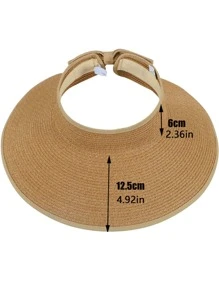 1入組女士可折疊太陽帽寬邊緣草編沙灘帽帶馬尾洞 - 米色 - 查看 8