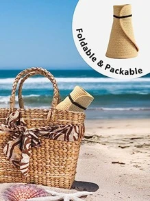 1入組女士可折疊太陽帽寬邊緣草編沙灘帽帶馬尾洞 - 米色 - 查看 7