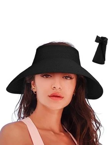 1 Mũ che nắng rộng vành, Mũ đi biển dệt có đuôi ngựa mở, có thể gập lại - màu đen - Xem 3