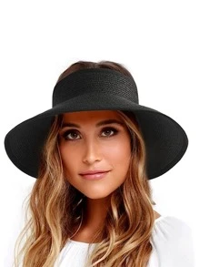 1 Mũ che nắng rộng vành, Mũ đi biển dệt có đuôi ngựa mở, có thể gập lại - màu đen - Xem 1