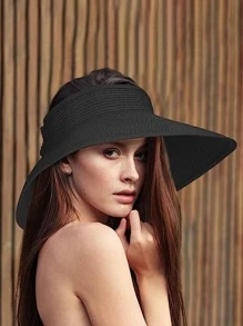 1 Mũ che nắng rộng vành, Mũ đi biển dệt có đuôi ngựa mở, có thể gập lại - màu đen - Xem 2