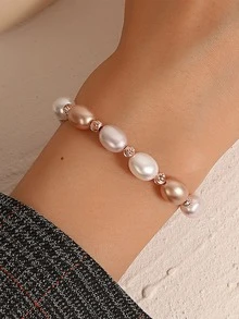 1入組時尚鋅合金人造珍珠裝飾手鏈適合女士日常裝飾 - 彩色 - 查看 2