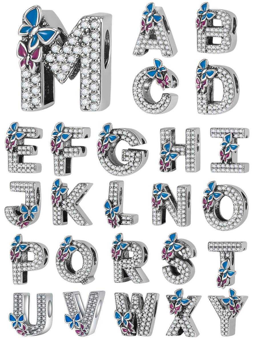 Bướm Đầy Zirconia 26 Chữ Cái AZ Trang Sức Tự Làm Bùa Thích Hợp Cho Hạt Vòng Tay 3mm - Bạc - Xem 1