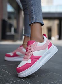 2023夏天流行女性鞋-透氣平底運動鞋帶柔軟的,休閒&時尚,獨特白色低胸運動鞋帶拼貼設計 - 玫瑰紅 - 查看 1