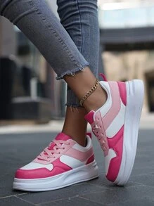 2023夏天流行女性鞋-透氣平底運動鞋帶柔軟的,休閒&時尚,獨特白色低胸運動鞋帶拼貼設計 - 玫瑰紅 - 查看 5