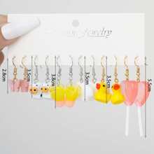 12对新款百搭粉红心蝴蝶蘑菇鸭子奶牛黄色圆锥爱心棒棒糖耳环套装女 - 彩色 - 查看 3