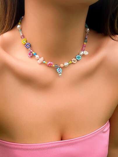 1 件多色人造珍珠花朵吊饰串珠项链（人造珍珠颜色随机）情人节