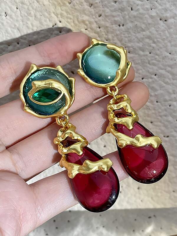 Palace Style Waterdrop Stripe Dangle Earrings, Feminine Pink Polyresin