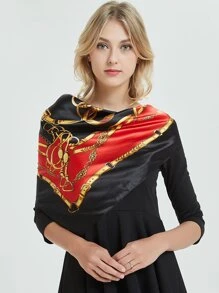 1入組女士們金屬質感鏈條連接細節方形圍巾製成的真絲 - 黑色 - 查看 2