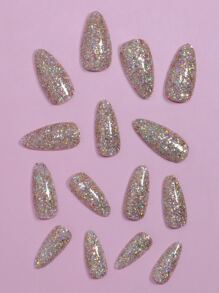 VV MEI JIA ER 24片香槟色亮面按压式美甲贴片，杏仁形，带UV涂层，金色美甲，中号杏仁形全覆盖假指甲，按压式亚克力指甲，亮面粘性假指甲，适合女性和女孩，附赠1卷胶带和1把指甲锉。 - 香檳色 - 查看 4