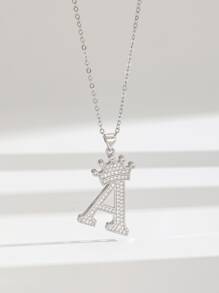 1 件个性化流行皇冠字母吊坠项链，男女皆宜，时尚派对项链，朋友礼物，日常装饰 - 銀色 - 查看 3