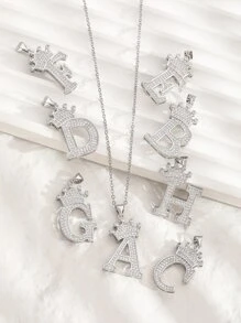 1 件个性化流行皇冠字母吊坠项链，男女皆宜，时尚派对项链，朋友礼物，日常装饰 - 銀色 - 查看 2
