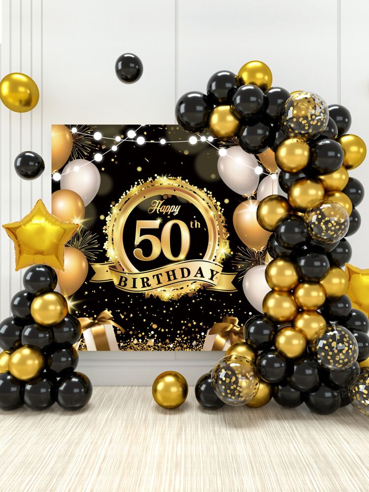 70pcs/Set Black Gold Style 50th Birthday Confetti Balloon Chain Set Included 1pc Black Gold Birthday Backcloth & 2pcs Balloon Accessory, Black Gold Theme 50 Years Old Birthday Party Wall Background Decor Balloon Set, Decorative Balloon Arch Kit, Fifty Birthday Party Decor,Christmas - Multicolor - View 1
