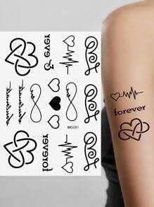 1 pieza pegatina de tatuaje con patrón de corazón y letra inglesa de estilo fresco - Negro - Ver 1