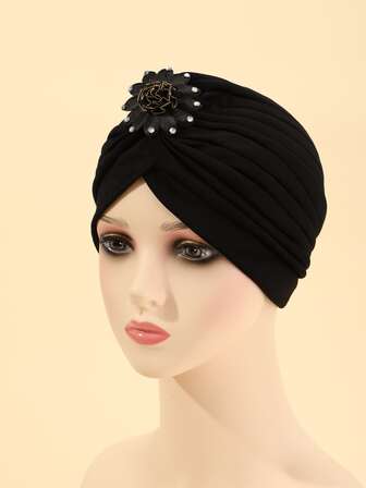 Women's Flower Decoration & Rhinestone Detail Solid Headband Cap Hair Accessory
