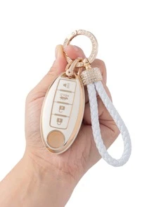 1套車鑰匙殼和鑰匙圈兼容日產,鑰匙表袋用鏈條或絲帶連接到馬甲懷錶套 - 米色 - 查看 5