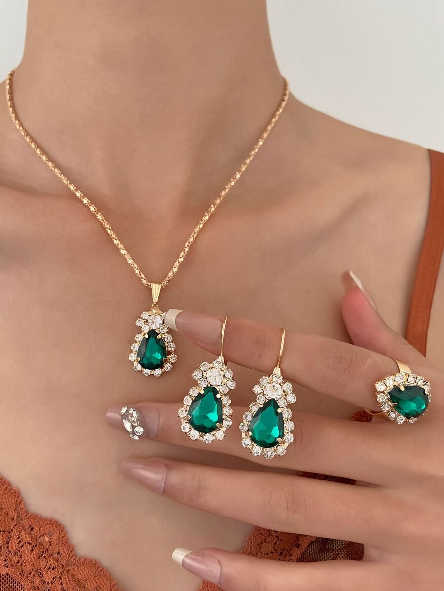 4入组/套水滴項鍊耳環戒指首飾套裝適合女士派對婚禮婚禮配件