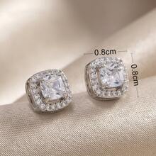1 đôi Của Đơn giản Và Thanh lịch Toàn trận Kim cương Hình vuông Quý cô Hoa tai - Bạc - Xem 4