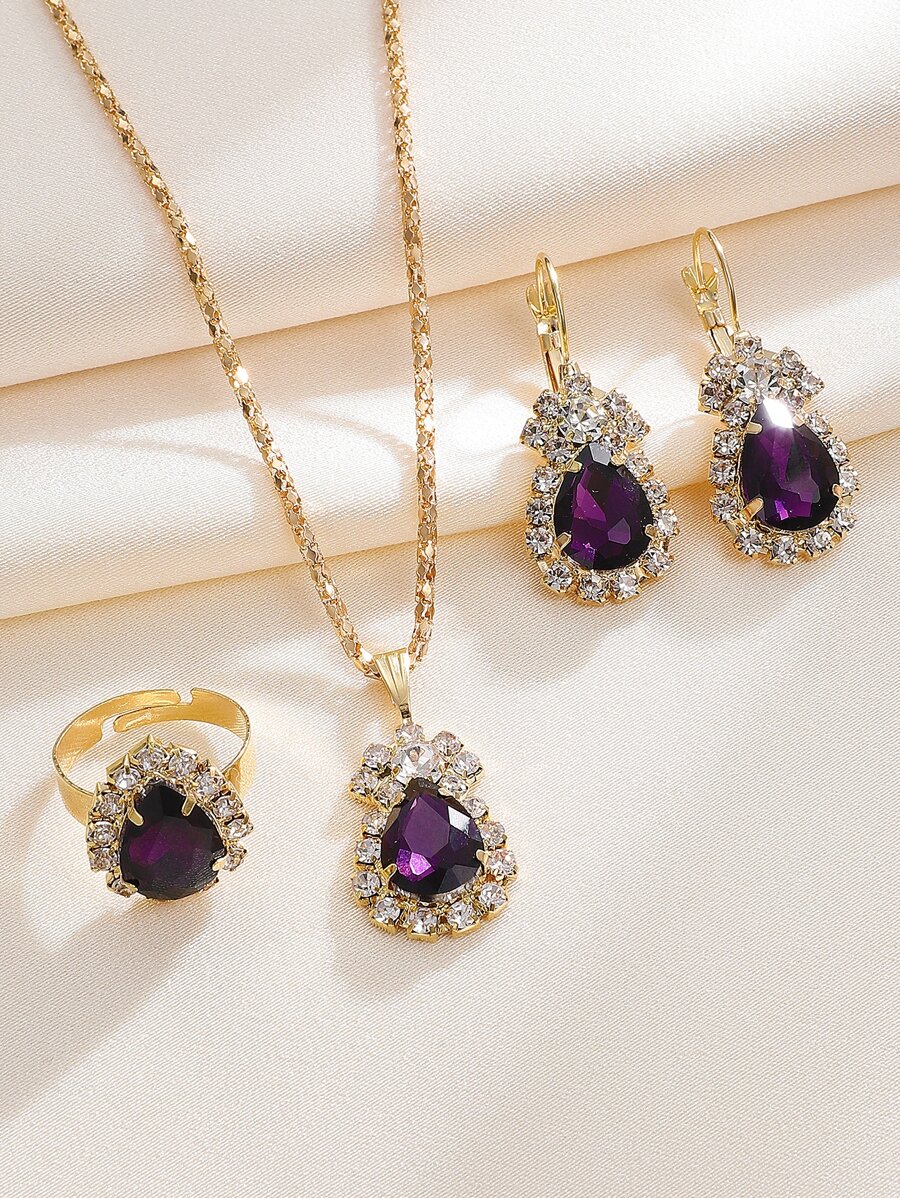 4pcs/set Water Drop Design Necklace, Earrings, Ring & Bracelet Jewelry Set For Women, Party, Wedding, Bridal, Gift