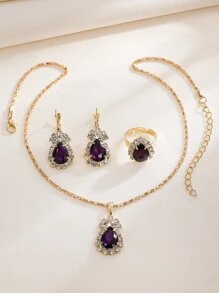 4pcs/set Water Drop Design Necklace, Earrings, Ring & Bracelet Jewelry Set For Women, Party, Wedding, Bridal, Gift