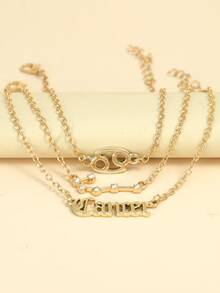 3入組復古星座標誌和英文字母和水鑽裝飾吊墜手鐲套裝帶星座卡-生日禮物 - 金黃色 - 查看 3