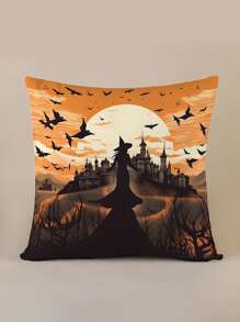 1pc Castle Witch Pattern Throw Pillowcase Without Core Modern Style Polyester Super Soft Material Square Soft Comfortable Decorative Cushion For Bedroom Living Room Decoration - Multicolor - View 3