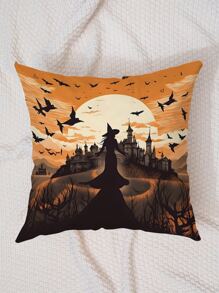1pc Castle Witch Pattern Throw Pillowcase Without Core Modern Style Polyester Super Soft Material Square Soft Comfortable Decorative Cushion For Bedroom Living Room Decoration - Multicolor - View 4