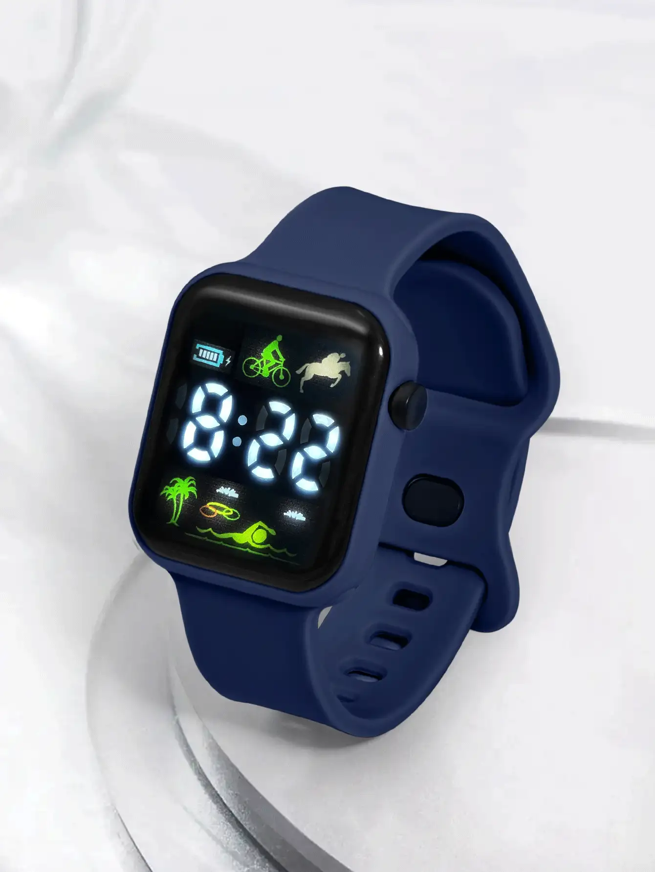 One Size Dry Battery Led Display Tpu Material Sport Square Electronic Watch For Youth, Kids & Students, With Coconut Tree & Horse Riding Pattern, Suitable For Daily Life - Navy Blue - View 2
