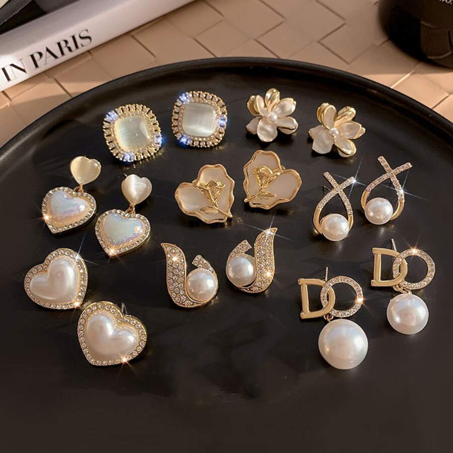 8對/套時尚方晶鋯石裝飾花耳釘和耳墜