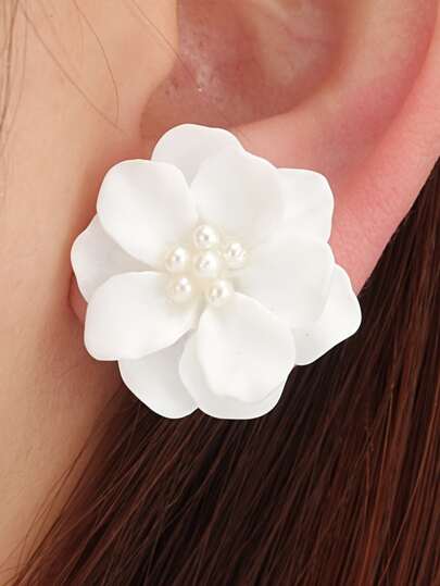 1pair White Floral & Faux Pearl Stud Earrings Elegant Halloween Valentine's Day