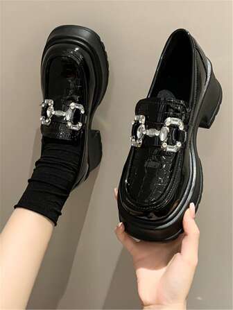 Women's Patent Leather Chunky Heeled Slip-On Loafers With Rhinestones