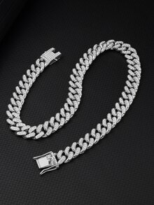 1pc Hip Hop Stainless Steel Rhinestone Decor Necklace For Men Women For Daily Decoration - Silver - View 2
