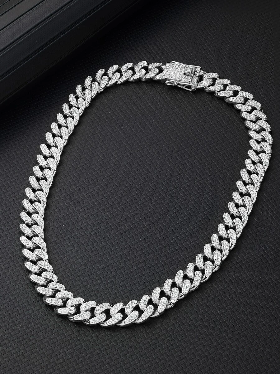 1pc Hip Hop Stainless Steel Rhinestone Decor Necklace For Men Women For Daily Decoration - Silver - View 1