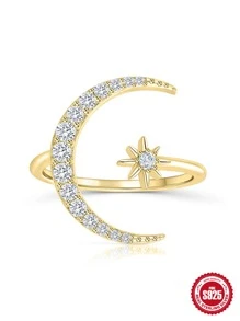 1入組月亮星星方晶鋯石S925純銀開口戒指女士時尚戒指 - 金黃色 - 查看 5