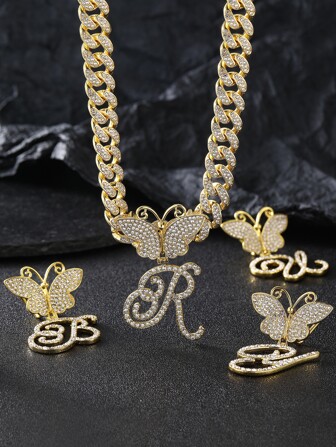 LIGHTSOME 1 件嘻哈水钻意大利草书字母 26 款可选蝴蝶吊坠男士项链情侣同款街头潮人满钻链环